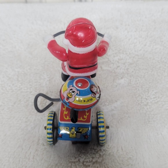 VTG Japan Mechanical WindUp Tin Celluloid Bell Toy Santa Bike Tricycle✨️WORKS - Picture 6 of 13